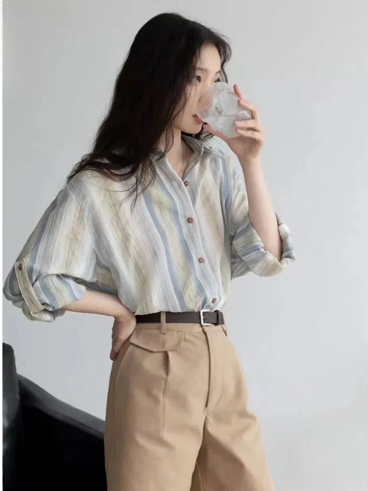 

Summer Thin Women's Sun Protection irt Vertical Stripe Slim Fit Cardigan Sle Inner And Outer Wear Commute Sle Collar