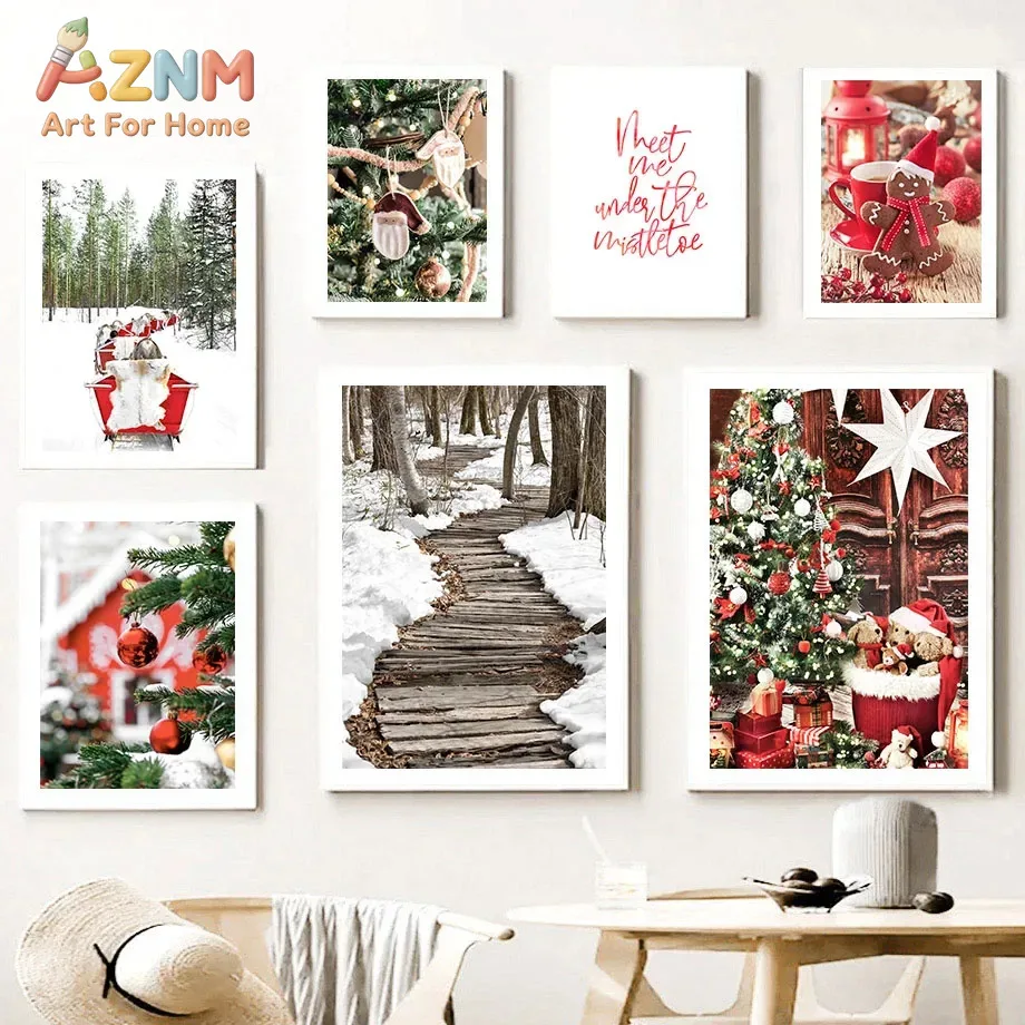 AZNM Christmas Canvas Wall Art Snow Forest Sled Gingerbread Man Xmas Tree Gift Unframed Canvas Print Winter Holiday Living Room