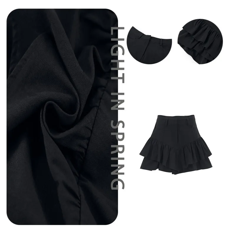 

Ruffles Slim High Waist Shorts Skirts Women Black Temperament Splice Casual Street Elegant Skirt Ladies Fashion Folded Design