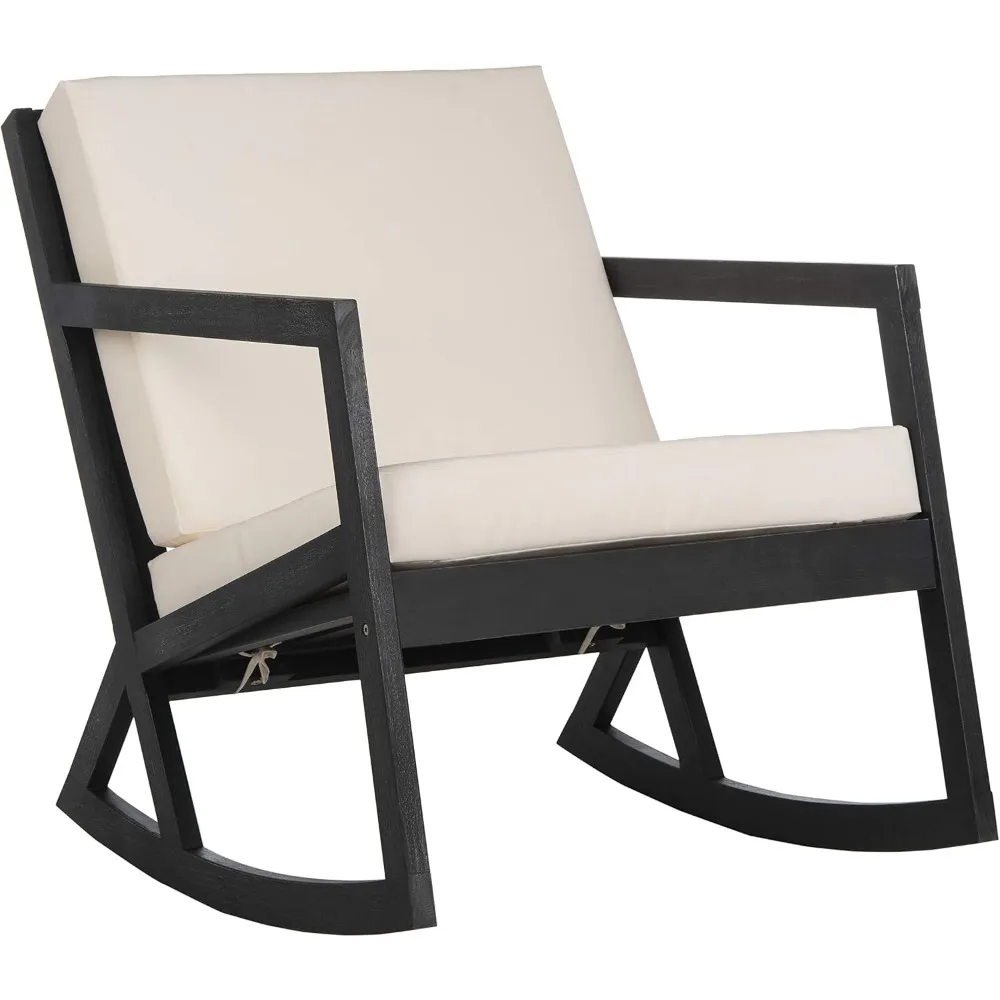 Rocking Chair - Black & Beige - Solid Wood with Cushion - Slatted Design - Perfect for Outdoor Spaces, 24.6