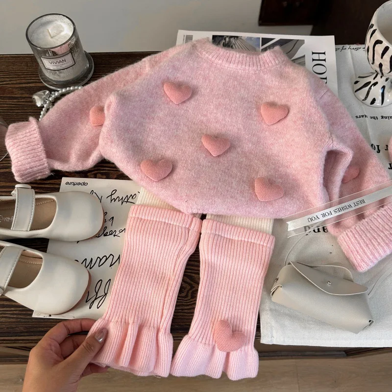 Korean Children's Clothing 2026 New Autumn Girls' Love Knit Sweater Color Blocked Pile Socks Leggings Two-piece Set Trendy