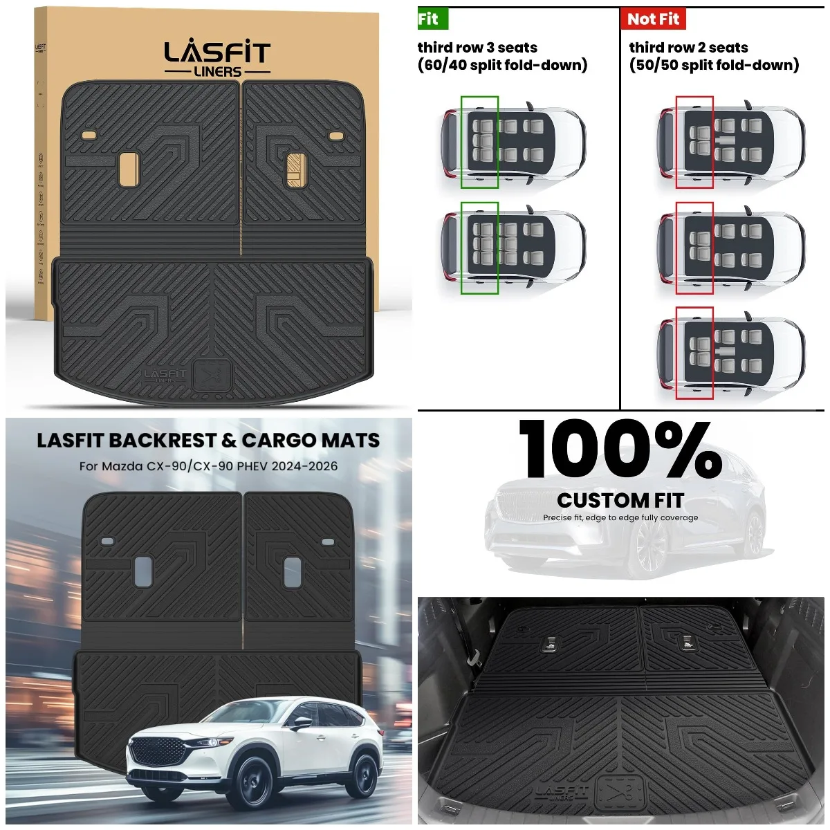 

Грузовой коврик и коврик на спинку для Mazda CX-90 2024-2026 7/8 мест TPE Водонепроницаемый багажник черный