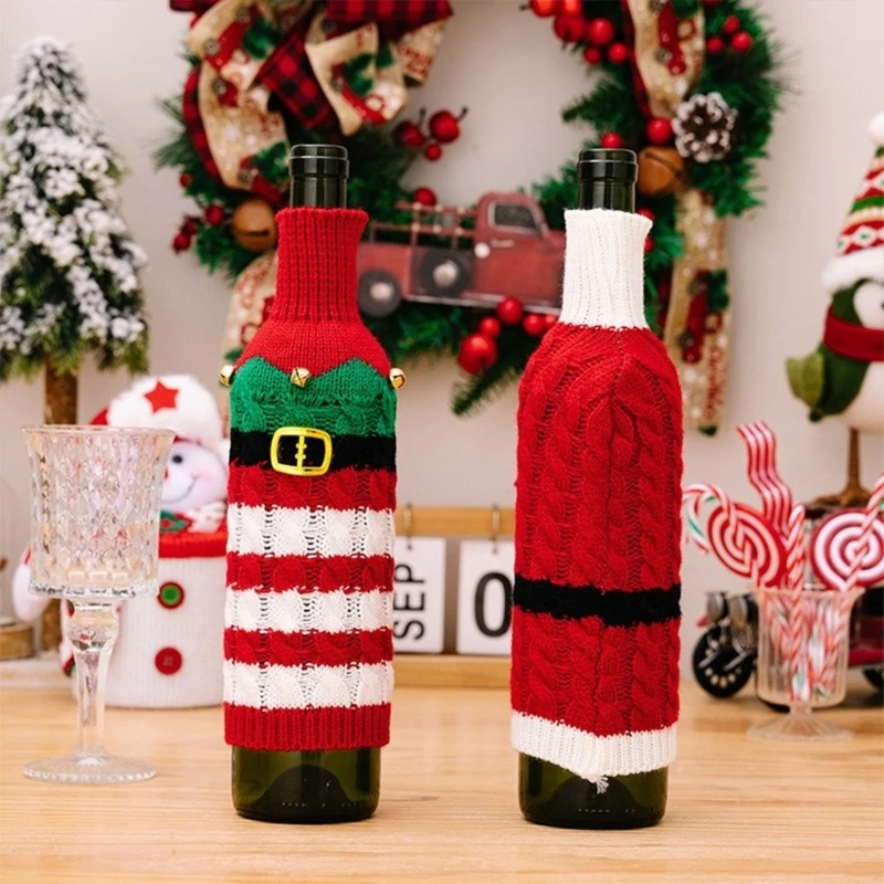 Pair of Soft Knitted Striped Wine Bottle Covers for Christmas Dining Decoration