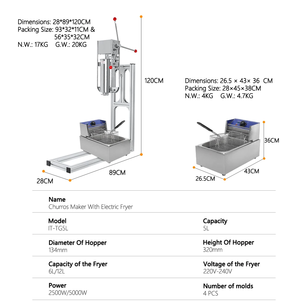 ITOP Manual Churros Making Machine 5L Dough Barrel 4 Nozzles 6L Electric Deep Fryer Commercial Heavy Duty Spanish Churrera Maker