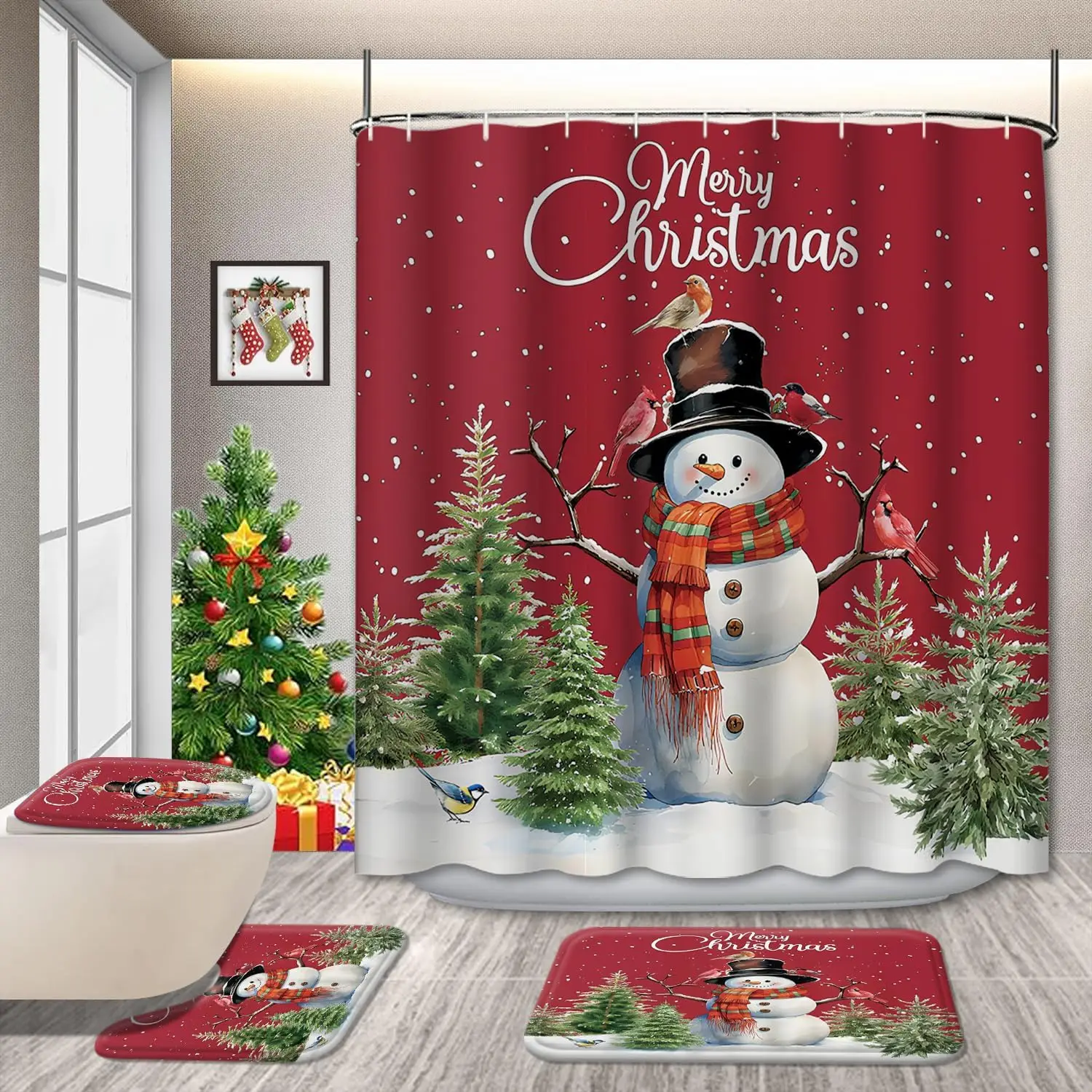 

Christmas Bathroom Decor Set with Shower Curtain, Bathroom Set – Waterproof Fabric Curtain with Hooks – Festive Xmas Decoration