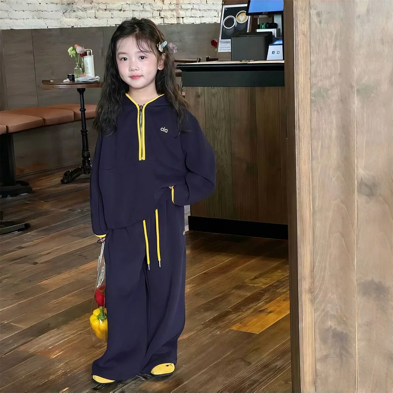 

SpringAutumn Baby Girls Cotton Hooded Half Zip Sweatshirt Jacket+Sweatpant Set Kids 2Pcs Tracksuit Children Jogging Outfit 2-8Yr