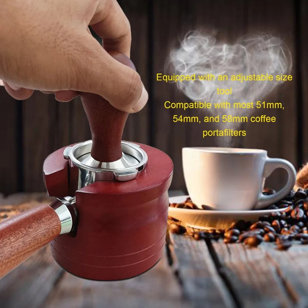 Solid Wood Portafilter Holder Non-Slip Base Round Bottomless Design Tamping Stand Height Adjustable 51mm 54mm 58mm Compatible