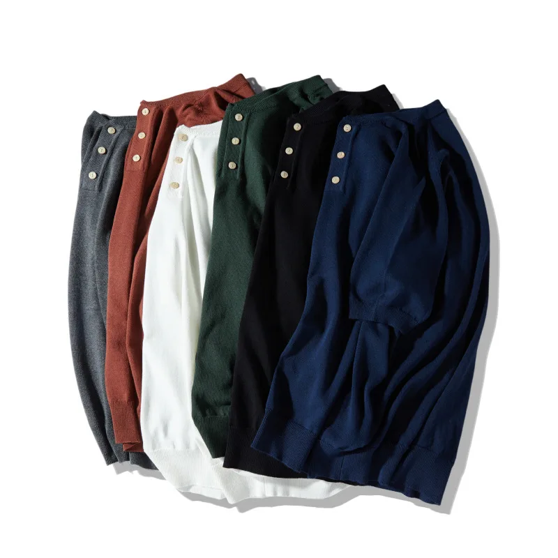 New American Retro Workwear Shirt, Basic, Heavyweight, Thick Knit, Henry Collar T-shirt