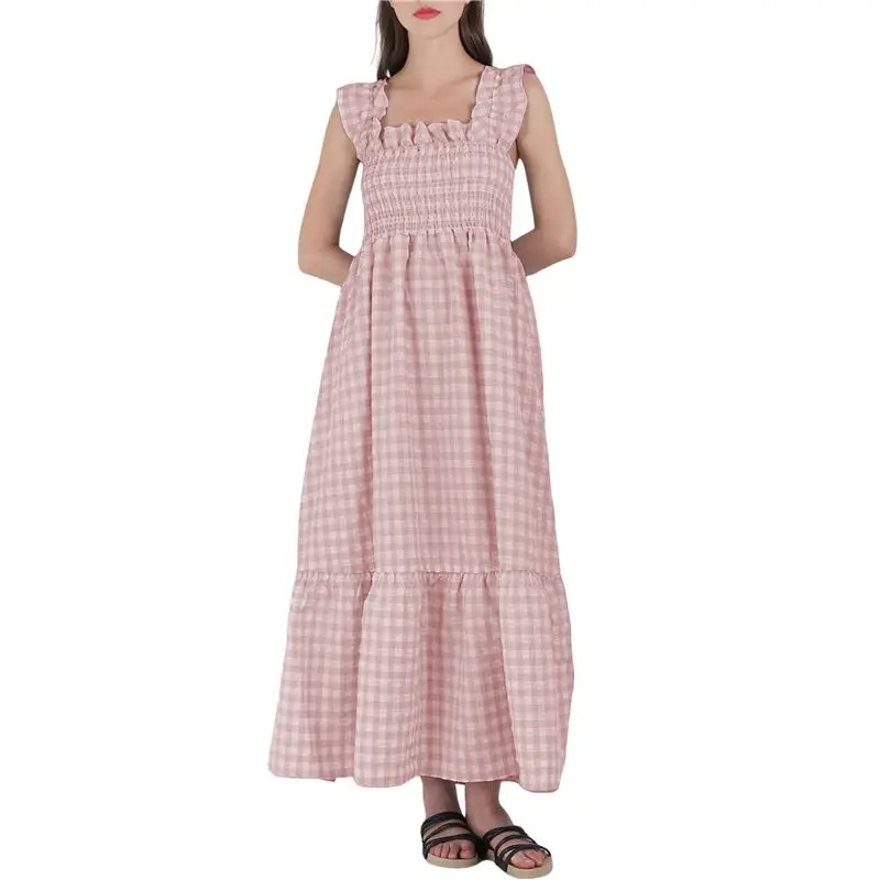 ABRT-Women's Retro Plaid Smocked Dress Spaghetti Strap Flounce Long Dress