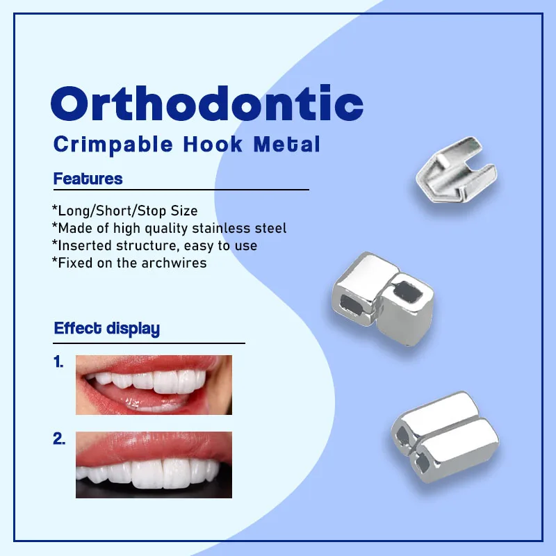 Gancho crimpável ortodôntico dental, 50 peças, tubo cruzado, tipo de parada, botão lingual bondável, fixo em arcos com tubo bucal