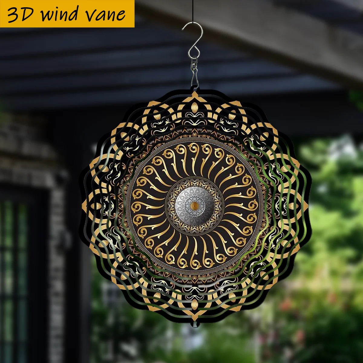 3D 1pc, Exquisite Round Pattern in Golden And Black with Rotating Hook, 360° Creative Wind Spinner