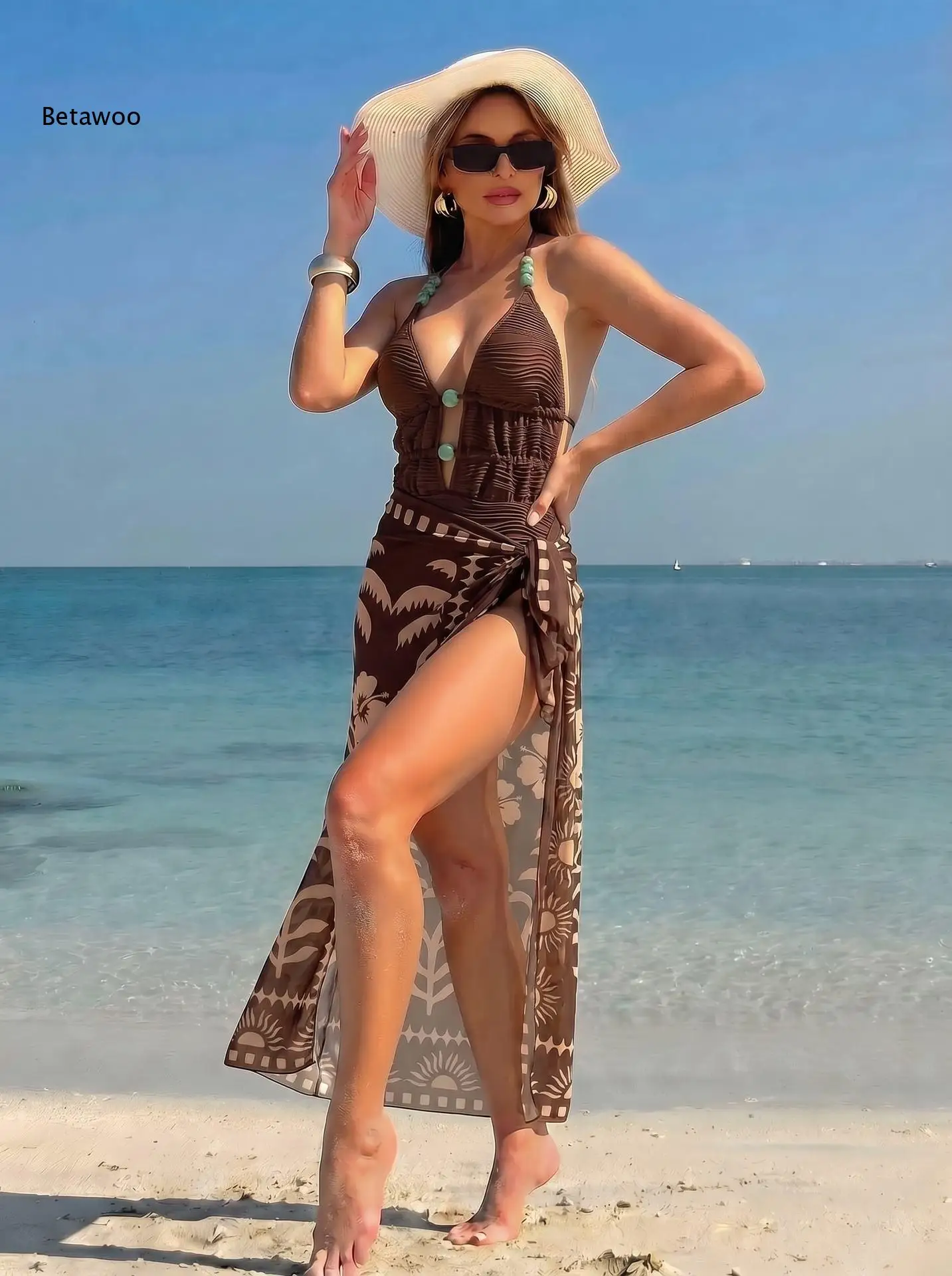 Women Halter One Piece Swimsuit with Cover Up Skirt Two Pieces Beach Outfit for Summer Vacation