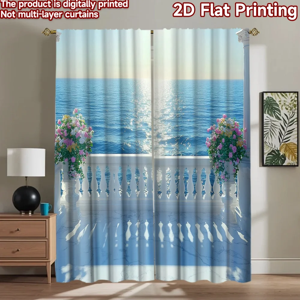 2D flat 2pcs Curtain French Romantic Style Sunny Ocean Balcony View Digitally printed polyester Birthday Party Use for Room
