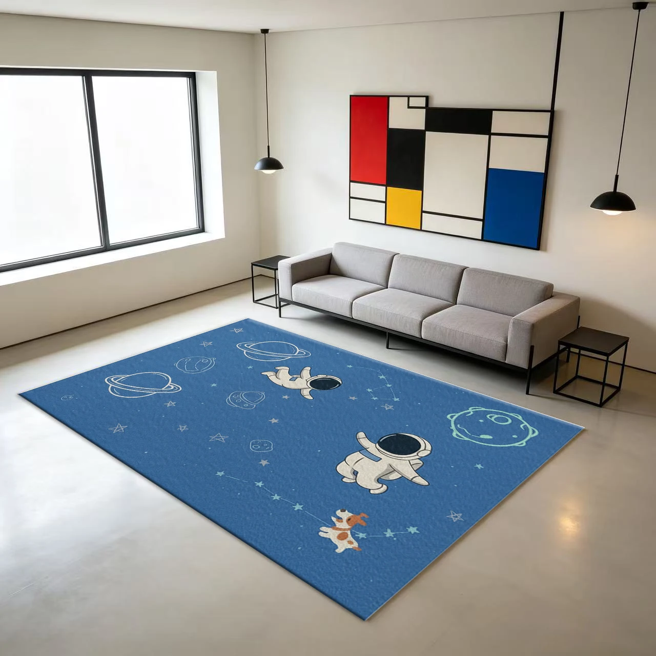 Cute Space Astronaut Puppy Children's Carpet Planet Constellation Sketch Style Boy's Bedroom Floor Carpet