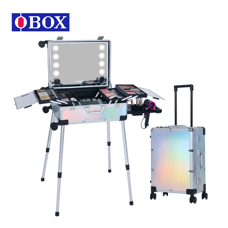 OBOX Trolley Clad Plate Makeup Box Cosmetic Case With 8 LED Lights With Bluetooth Music Play For Makeup Artist Studio