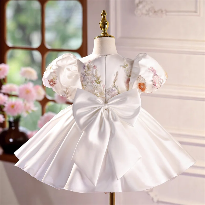 Baby Kids Princess Satin Pearls Bow Flower Girl Dress Children First Communion Dress Ball Gown Wedding Party Dress Birthday