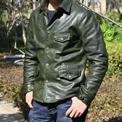 Real Leather Jacket Men's Autumn Japan Vintage Horsehide Coat Old and Dirty Retro Brakeman Jacket Trend Green Chaquetas Hombre F