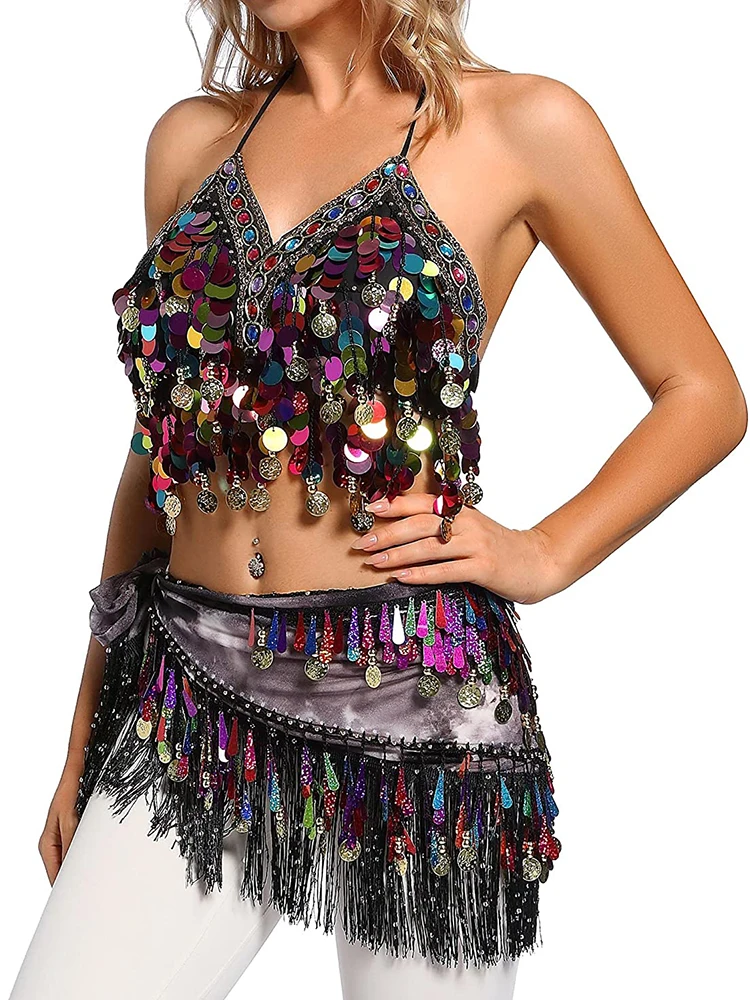 ผู้หญิง Belly Dance เสื้อผ้าอุปกรณ์เสริม Teardrop Paillettes Fringe Wrap ฐานยืดหยุ่น Tie-Dye สามเหลี่ยมเข็มขัดเหรียญผ้าพันคอสะโพก