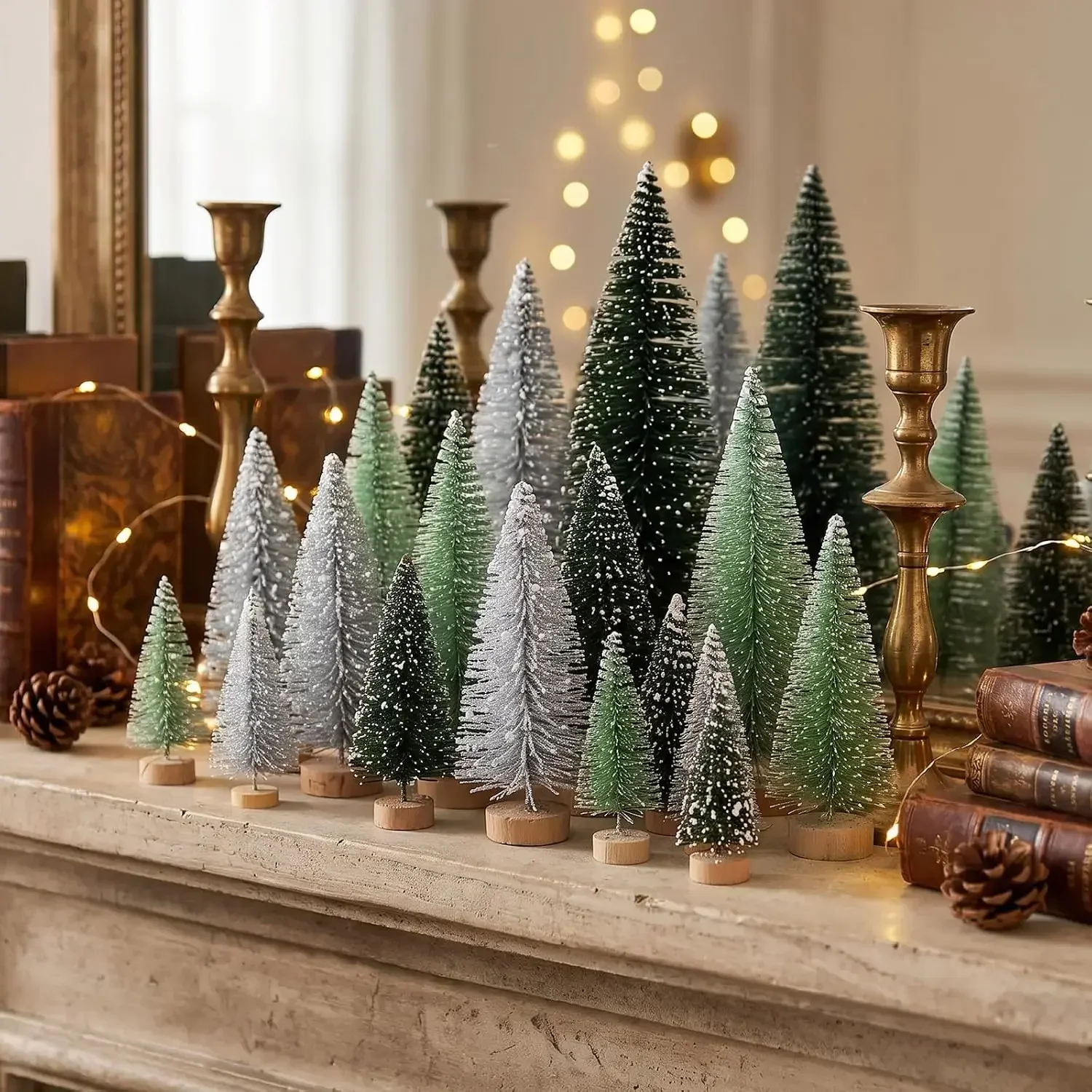 30pcs Mini Christmas Trees Artificial Christmas Tree Bottle Brush Trees with Wooden Base for Christmas Decor Party Home Table Craft Decorations (Silver,Green) 4
