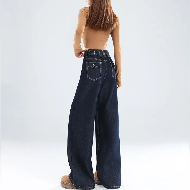 OIQERE Women 2026 Autumn American Dark Blue Wide Leg Jeans High Waist Slim Loose Stylish Straight Denim Long Trousers 5