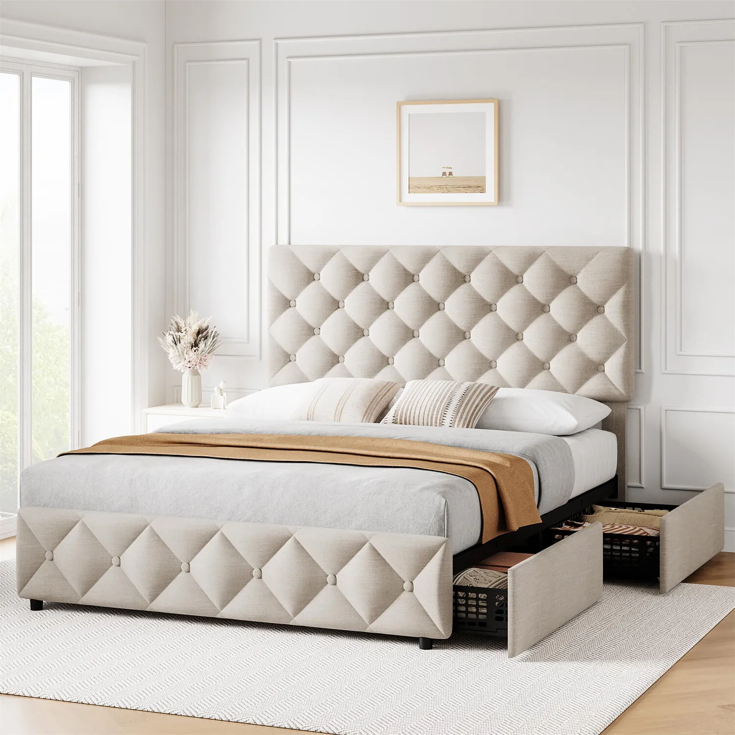 QUEEN Size Bed Frame with 4 Storage Drawers and Headboard Upholstered Platform