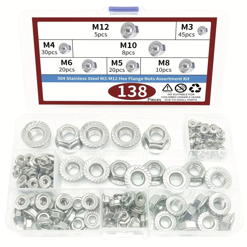 For M3 M5 M6 M8 For M10 304 Stainless Steel Hex Flange Nuts Kit 138PCS DIN 6923 Serrated Anti Slip Fasteners Assortment Set