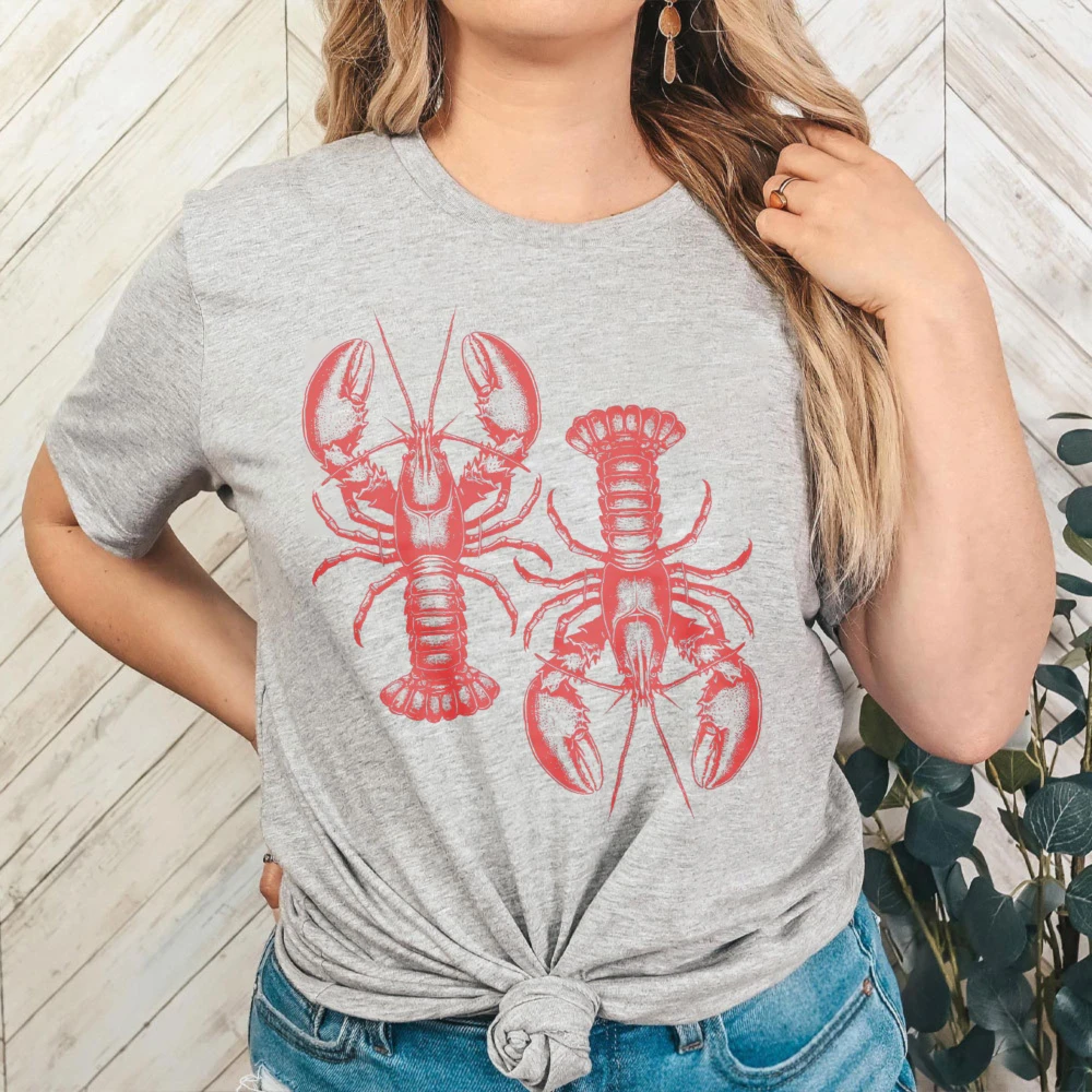 Lobster Print Vintage T-Shirt O-Neck Casual Fashion Summer Clothing Lobster Lover Gift Shirt Women Daily Life Cotton Short Sleev
