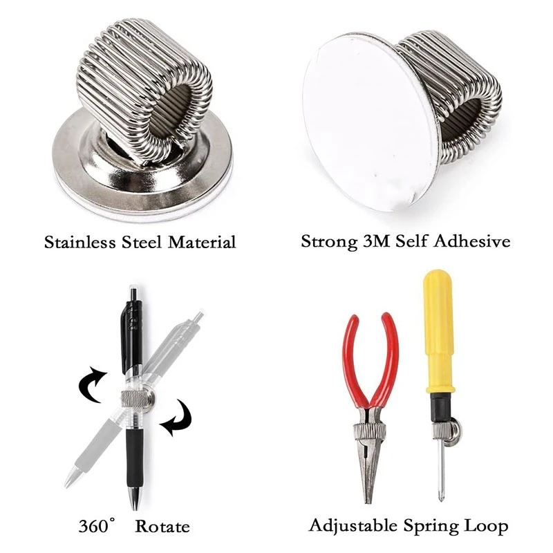 12 PCS Stainless Steel Pen Pencil Holder Clips With Adjustable Spring Loop Self Adhesive Pen Clip Holder