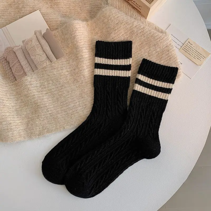 5/10 Paar Damen Herbst-Winter gestreifte mittelhohe Socken, warm, bequem, modisch, College-Stil, dreidimensionale Textur, lässige Socken – Detail 14
