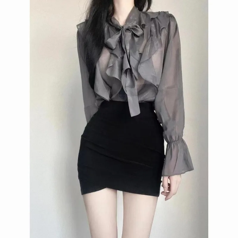 

Fashion Bow Lace Up Long Sleeve Loose Shirts Women+ High Waist Slim Fit Bodycon Skirts 2025 Early Autumn New Two Piece Sets