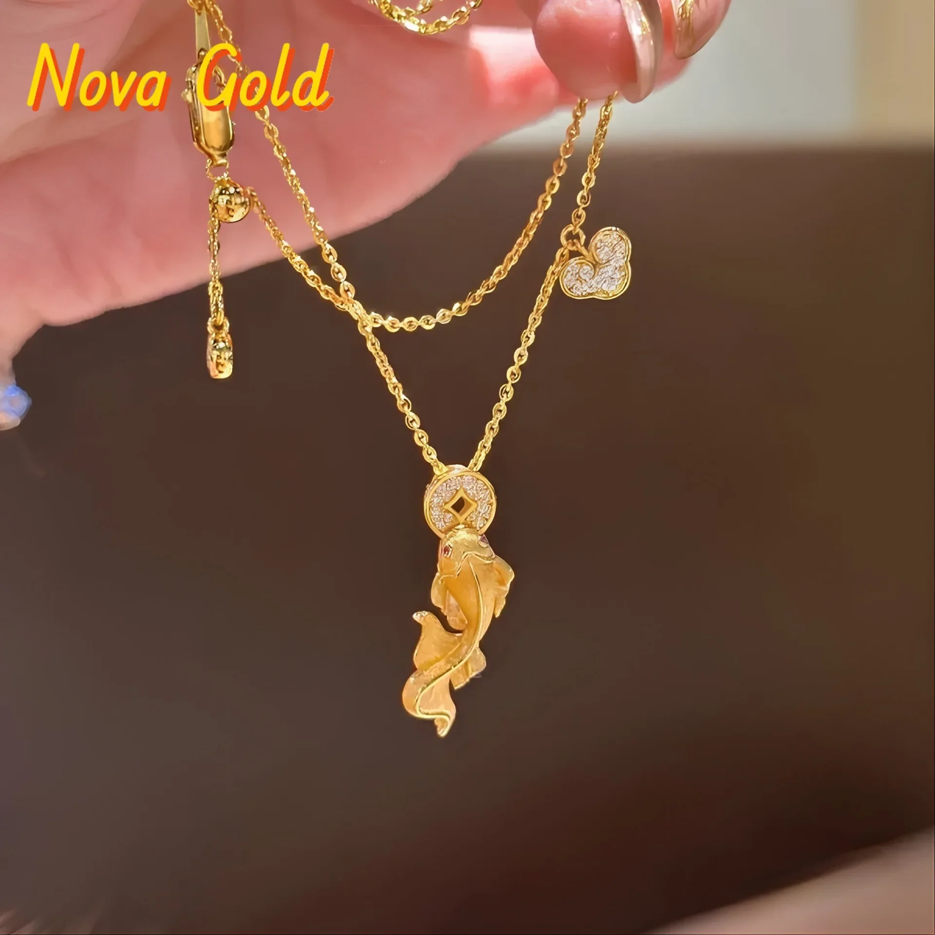 NovaGlod 24K real gold coins swallowing koi fish necklace for women 9999 diamonds inlaid with versatile of wealth-winning goldfi