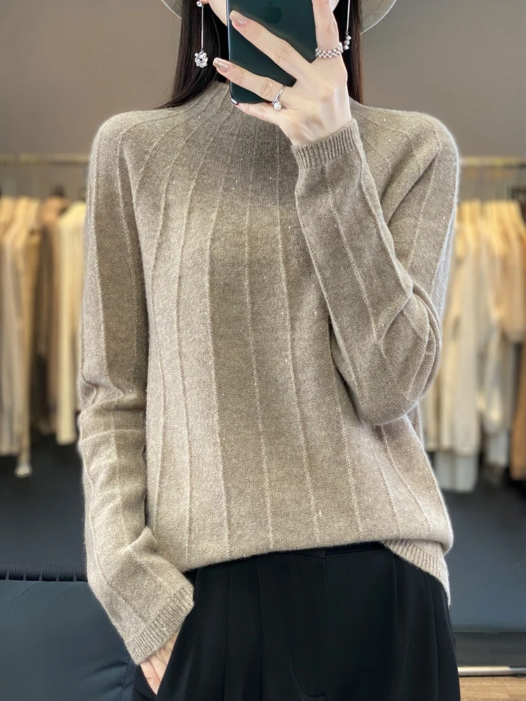 New Chic Women Sweater Autumn Winter Mock Neck Pullover 100% Merino Wool Shiny Cashmere Knitwear Korean Fashion Female Clothing