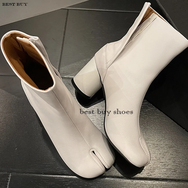 2024 New Silver Tabi Boots Split Toe Chunky High Heel Women Boots Leather Zapatos Mujer Fashion Autumn Women Shoes Botas Mujer