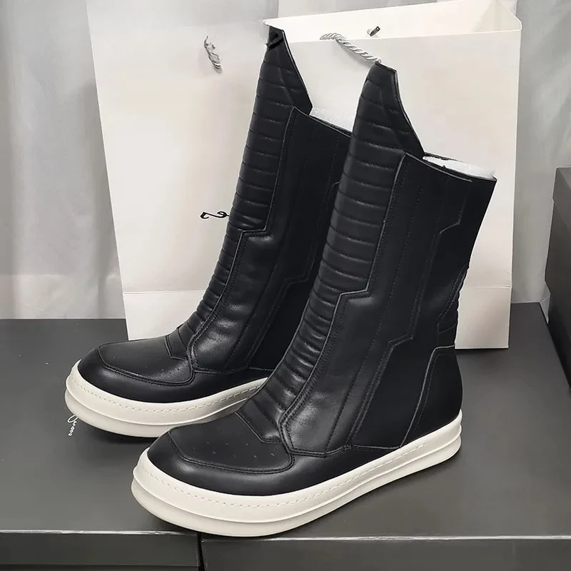 

Rick Vintage Women Motorcycle Leather Boots Men Luxury Mid-Calf Winter Riding Boots Shoes Casual Zip Flats Black Shoes Unisex