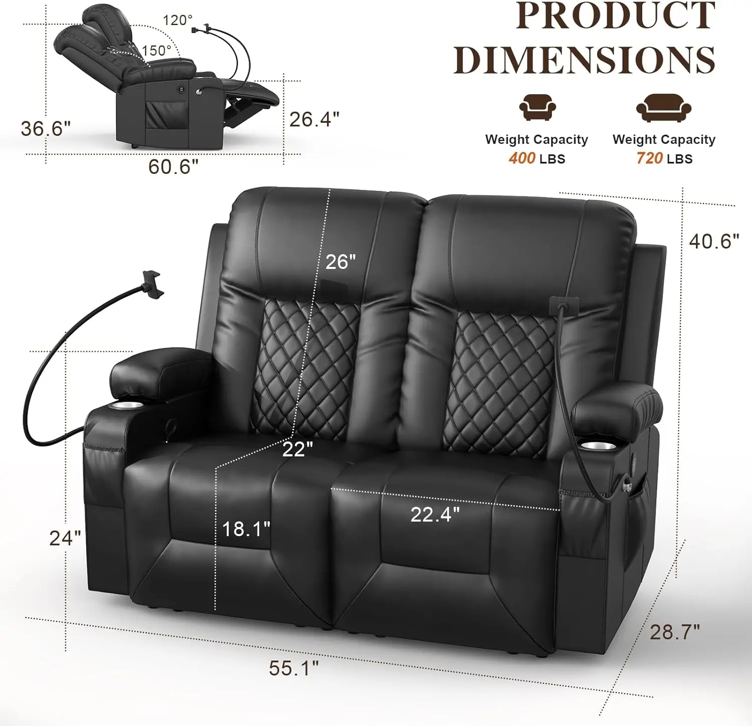 Loveseat Recliner Sofa Set with 2+1+1 Pieces in Living Room, 2 Seater Reclining Loveseat Leather, 2 Recliner Chairs with