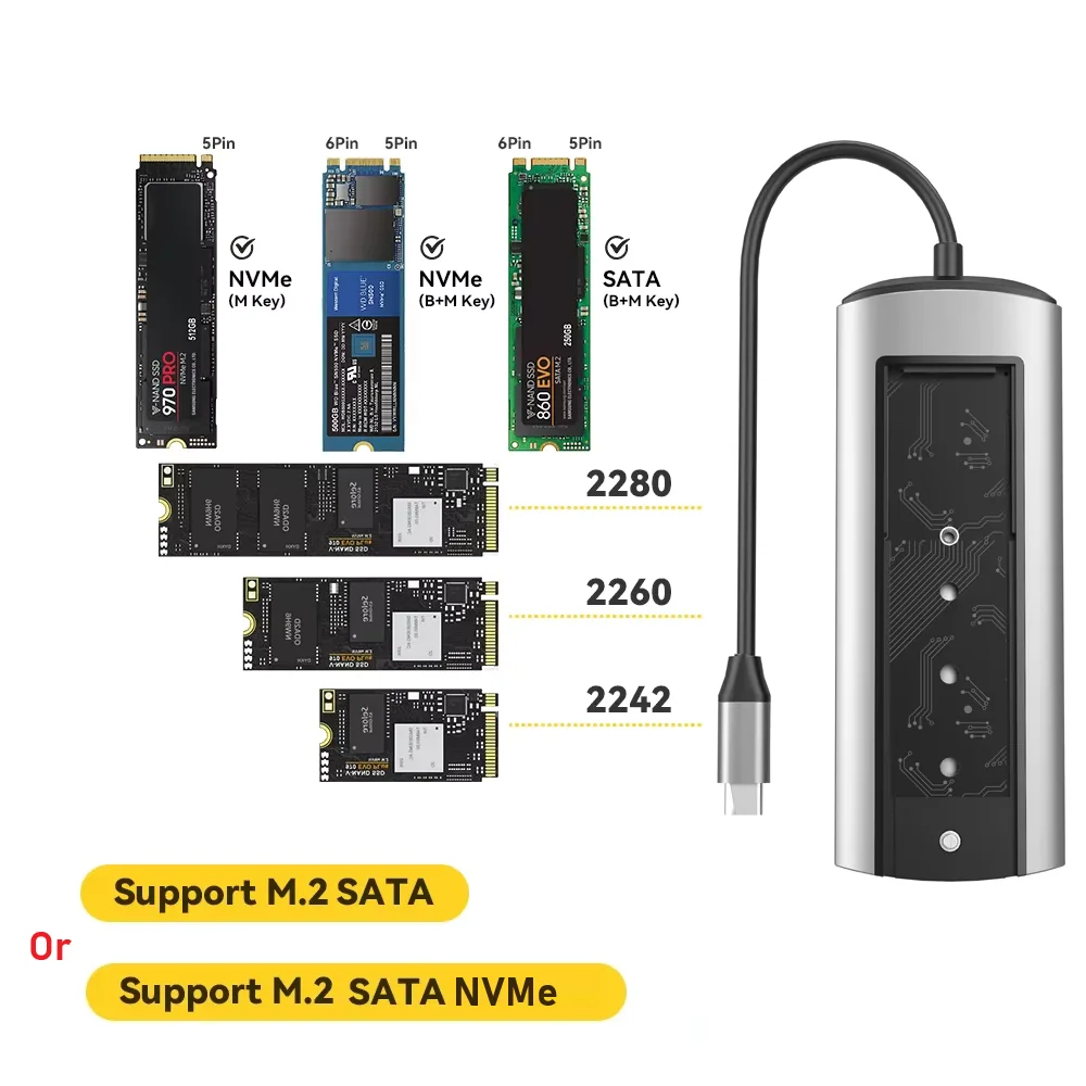 

Многофункциональный USB-концентратор с хранилищем дисков 6-в-1 M.2 NVMe SATA SSD Корпус Док-станция Адаптер Type-C к HD для Macbook Windows