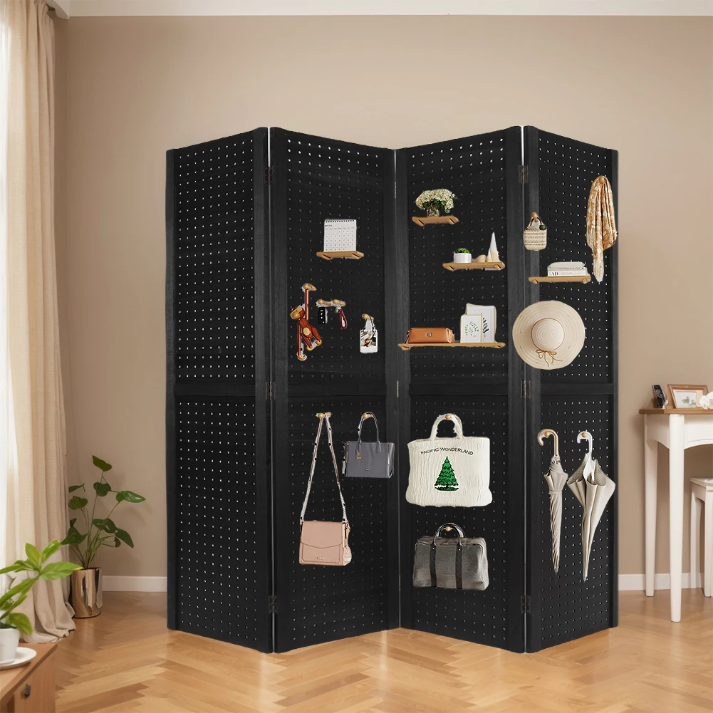 4 Panel Wooden Folding Privacy Screen Folding Freebstanding Pegboard Portable Freestanding Wall Organizer for Retail Craft Cloth