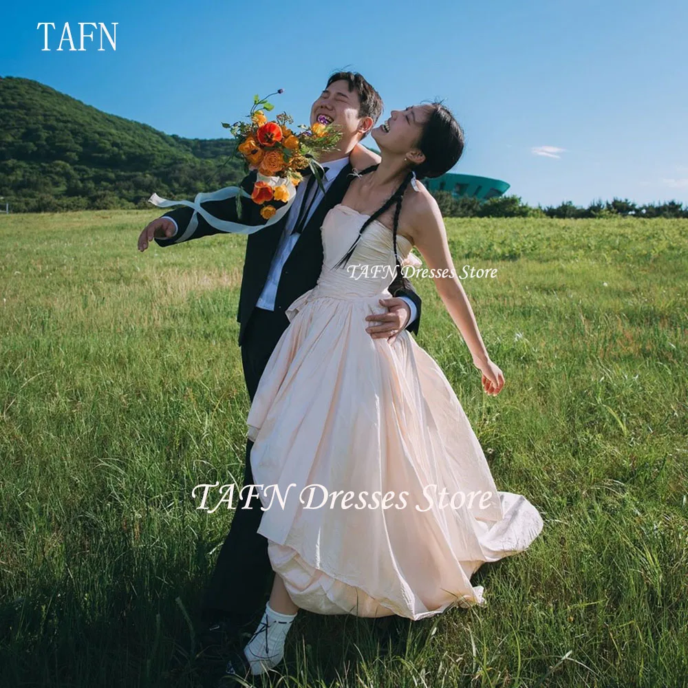 

TAFN A-line Sweep Tarin Wedding Dresses Strapless Simple Elegant Korea Bridal Gown Custom Made Photo Shoot Gown for Bride