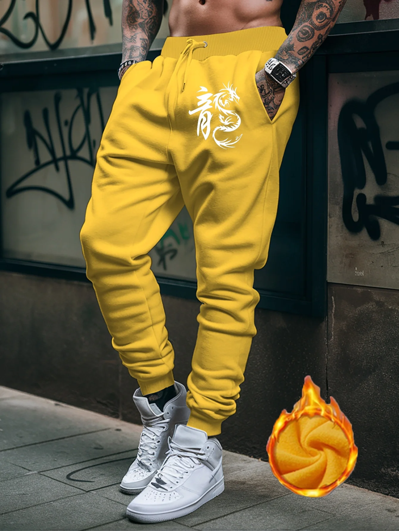 Brush‑art asian dragon character motif graphic art print street‑style dual‑side sweatpants men hip hop sports jogger trousers