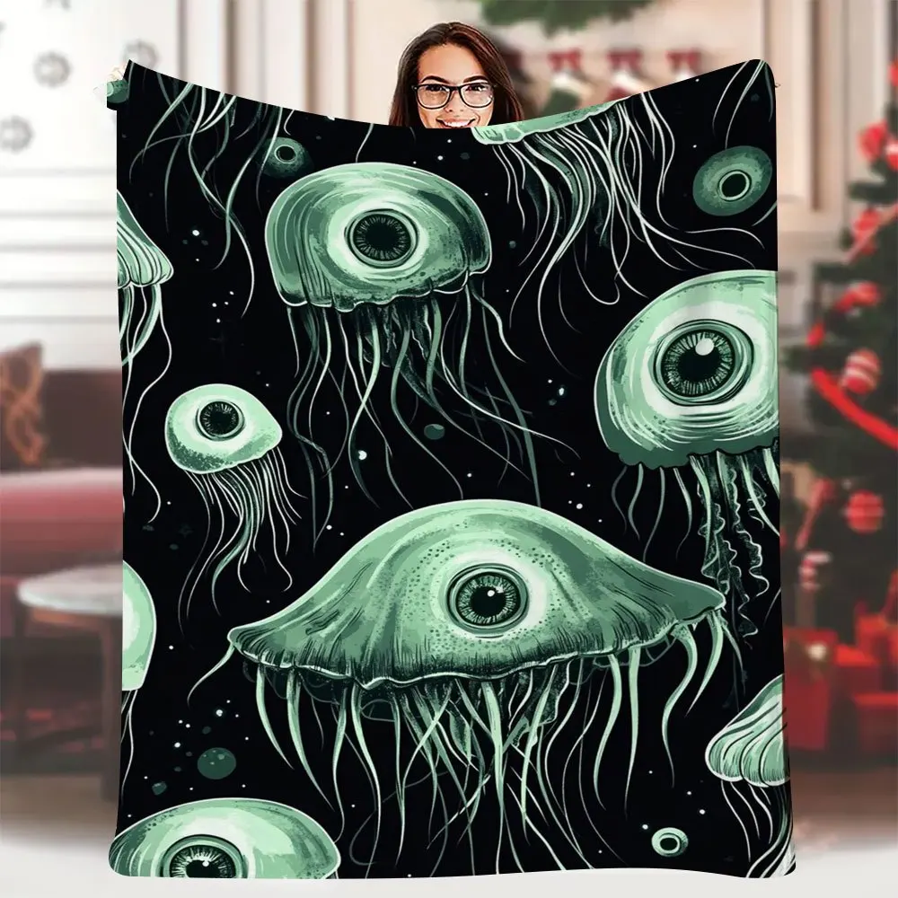 1pc 60x80 Inch Single-Sided Printed Blanket - Green Jellyfish Eyes & Tentacles Seamless Pattern, Dark Starry Background