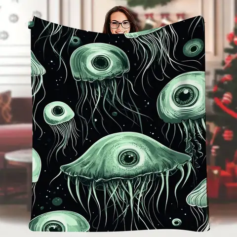 1 Stück 60 x 80 Zoll einseitig bedruckte Decke – grüne Qualle, Augen und Tentakel, nahtloses Muster, dunkler Sternenhintergrund