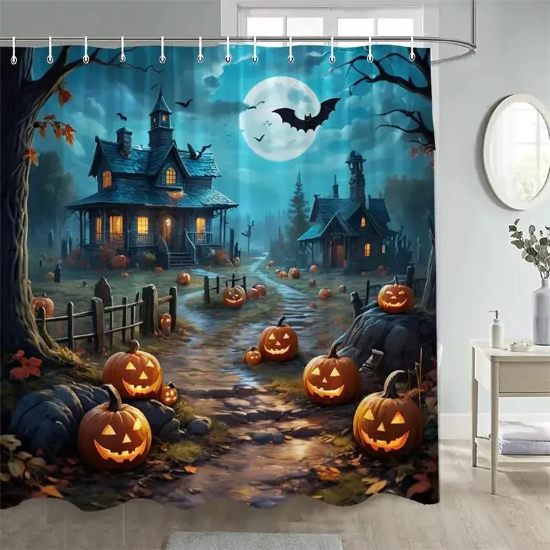 Horror Halloween Shower Curtain Forest Pumpkin Tombstone Bat Night Landscape Home Wall Hanging Bathroom Curtain Decor With Hooks