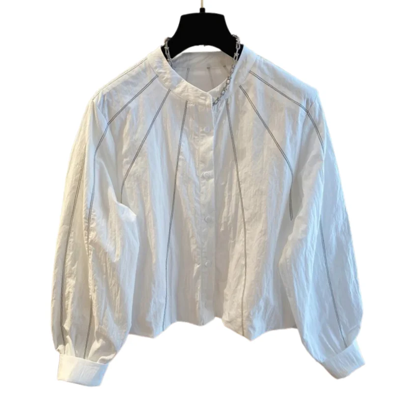 

SuperAen White Long-sleeved Shirt Bright Line Decoration Design Striped Women 2025 Autumn New Loose O-neck Short Waist Shirts