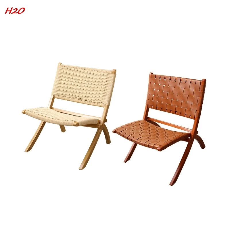 Scandinavian Ash Wood Beach Chair Solid Wood Rope Chair Saddle Leather Net Red Folding Chair Balcony Outdoor Leisure Rope Chair