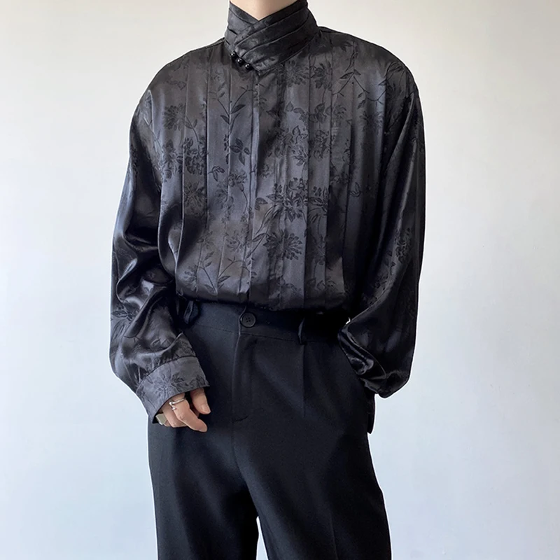 IEFB Chinese Pleated Stand Collar Jacquard Satin Trend Men's Shirt Long Sleeved Fashionable 2023 Autumn Male Tops Solid Color