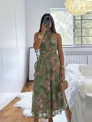 Elegant Green Floral Halter Chiffon Maxi Dresses For Women Trendy Sleeveless A-line Wedding Guest Party Dress 2026 New Clothes