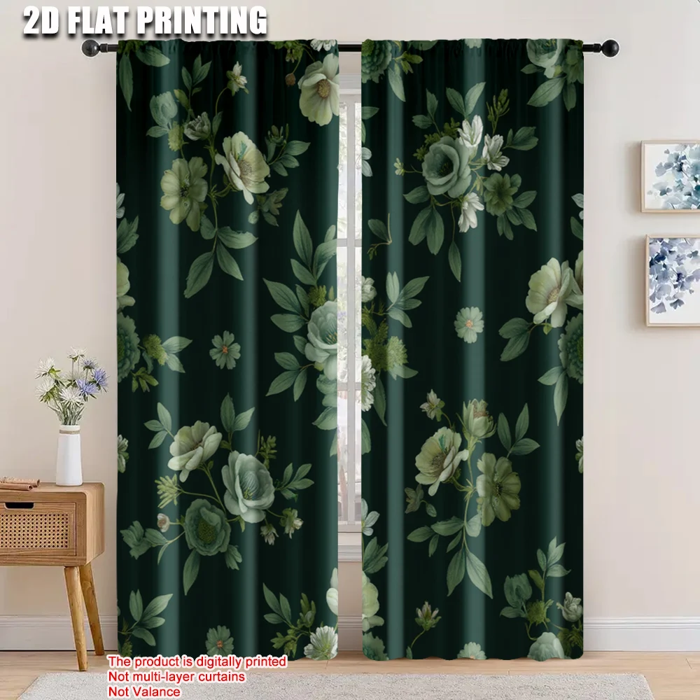 

2pcs, 2D flat printing Drapes Vintage Dark Green Versatile Durable Polyester,Without Electricity Spring Party & Holiday Decor