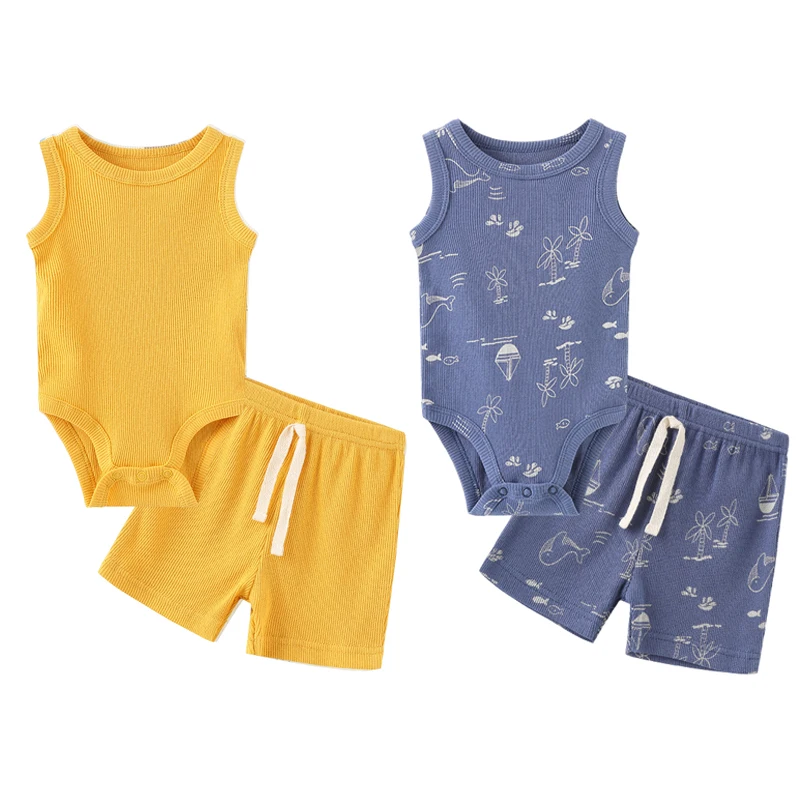 Cartoon 4-Piece Baby Boy Sleeveless Bodysuits+Shorts Clothing Set 100%Cotton Newborn Multi-piece Suit 0-12M Infant Clothes