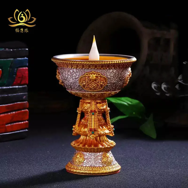 Tibetan-style LED Eight Treasures Auspicious Ghee , Candlestick, Ever-Burning for Home Use, Buddhist Offering Lamp, Ele