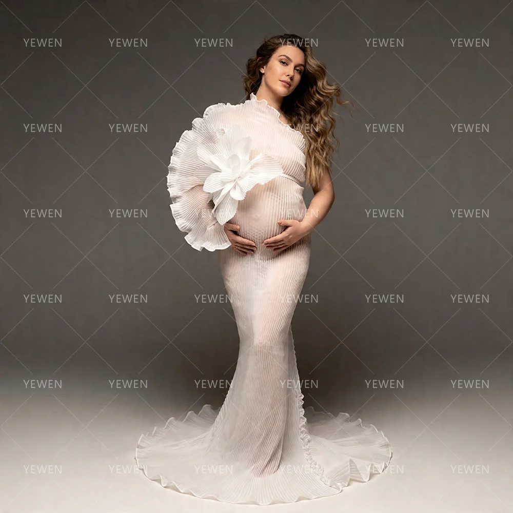 Maternity Photoshoot Dresses White One-Shoulder Pleated Sheer Fabric Baby Shower Maternity Dress with 3D Floral Applique YW6417D